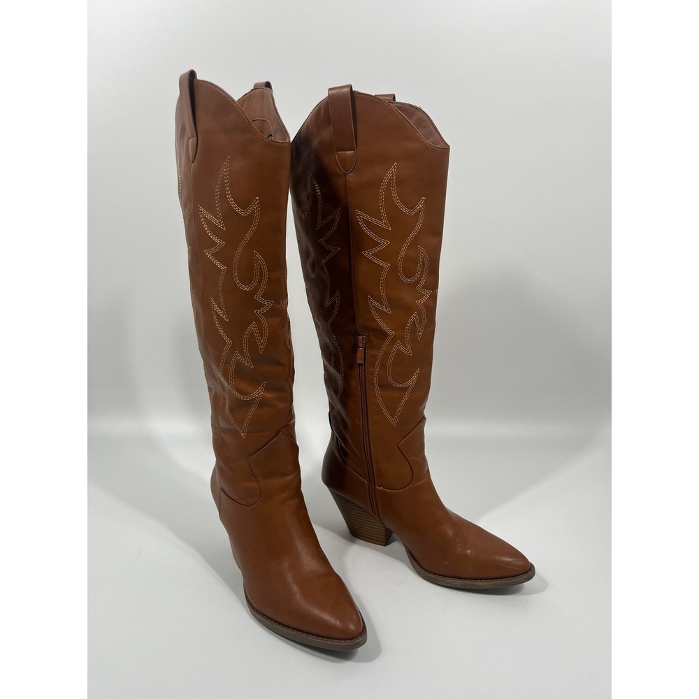 Classic Tall Brown Leather Western Heeled Boots